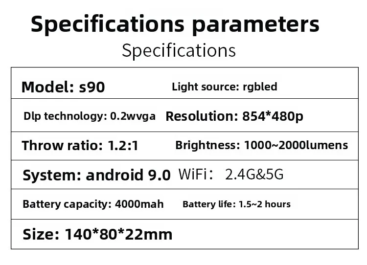S90 Mini DLP Pocket Projector Android 1080P Full HD WIFI لـ Bluetooth IOS لـ HDMI USB للمسرح المنزلي بدقة 4K تلقائي