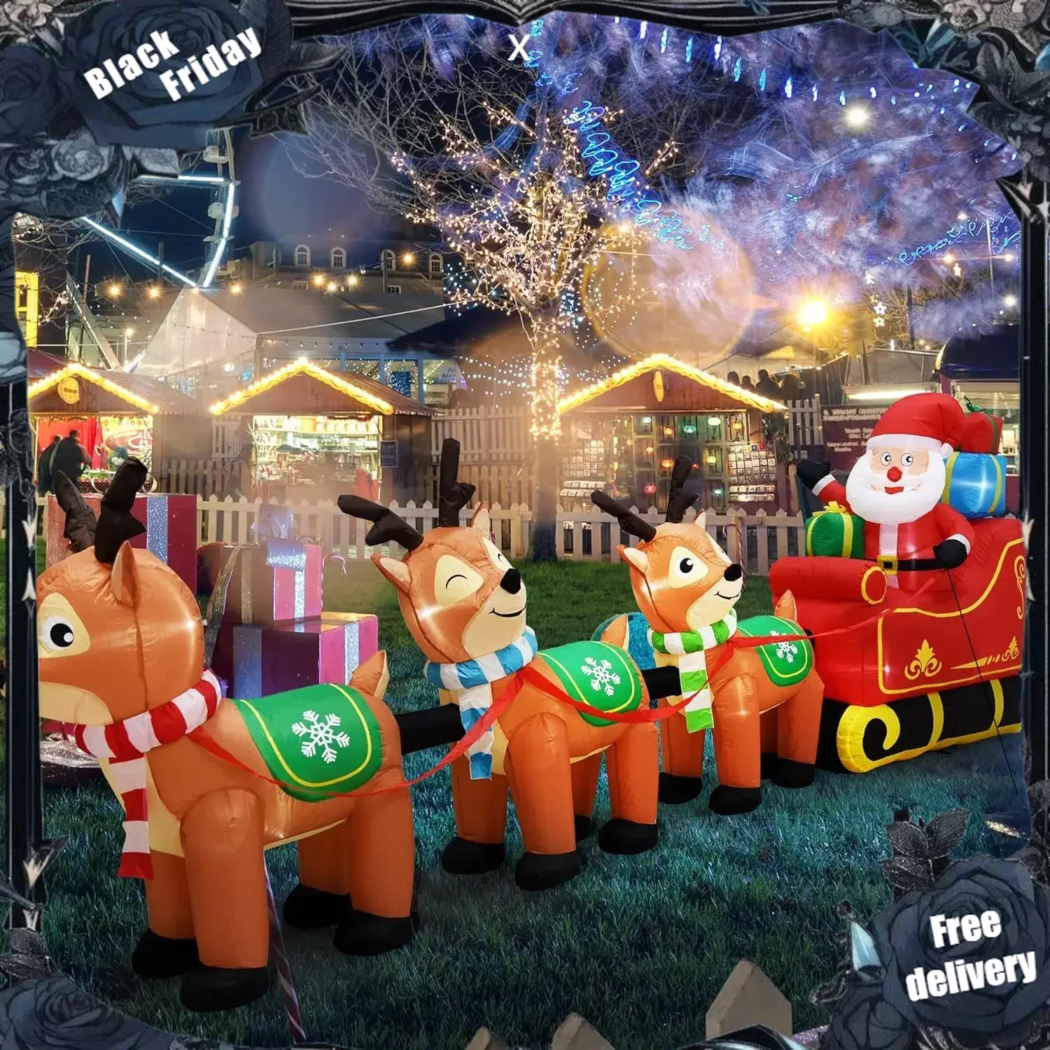 12 Ft Kerst Inflatables Outdoor Decoraties Gigantische Opblaas Tuin Decoraties Opblaasbare Kerstman Op Slee En 3 Rendieren