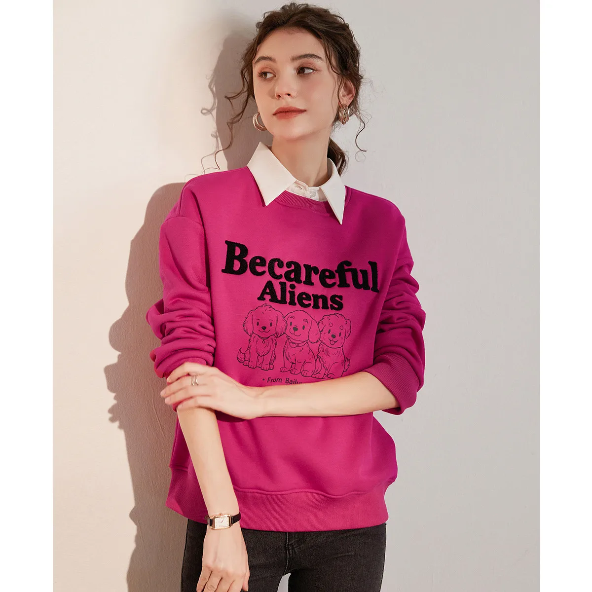 LOUIS YAO 2025 Winter Thick Fleece Round Neck Printed Embroidered Letter Loose Casual Women's Sweatshirt