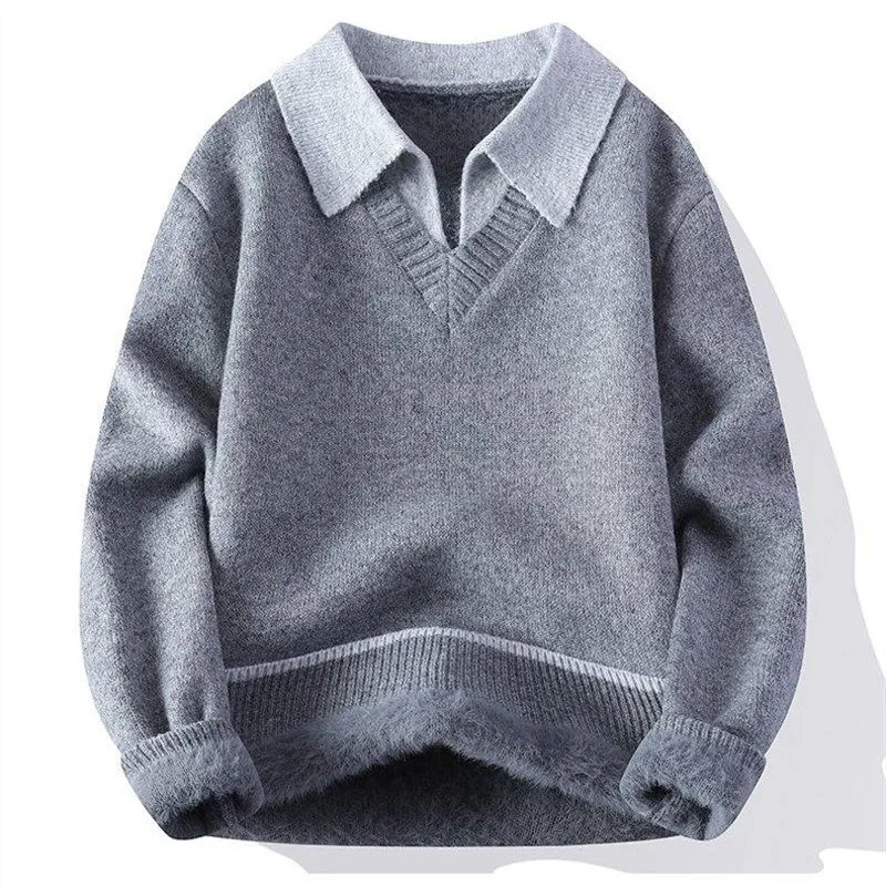 

Winter Fleece Men's Turn Down Collar Sweater Fashion Patchwork Thick Warm Knitted Pullovers Men Casual Knit Pullover Sweaters
