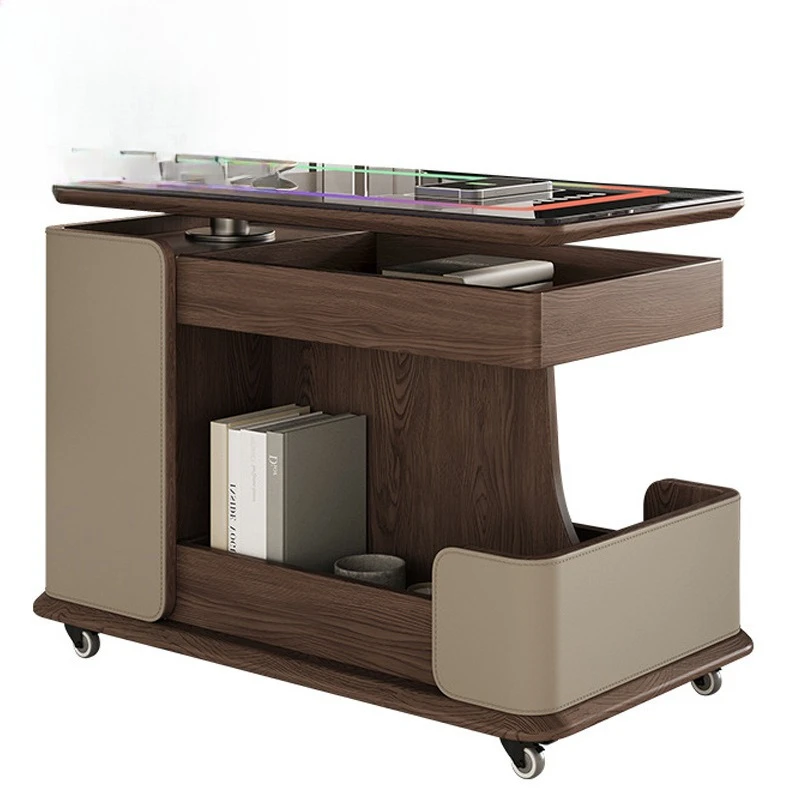 

Saddle leather solid wood lifting small coffee table movable trolley sofa side few small tea table side cabinet living room rack