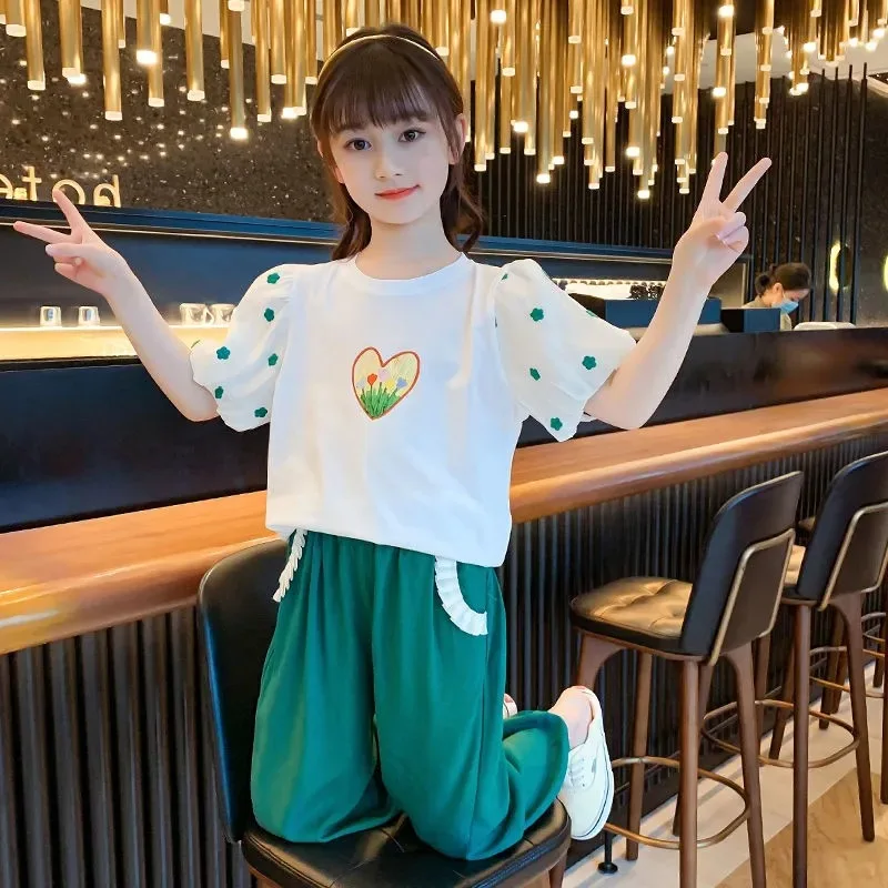 2023 Summer Girls tracksuit Kids Clothes Teenager puff sleeve t shirt Tops + long Ankle-tie pants Casual 6 7 8 10 11 12 Years