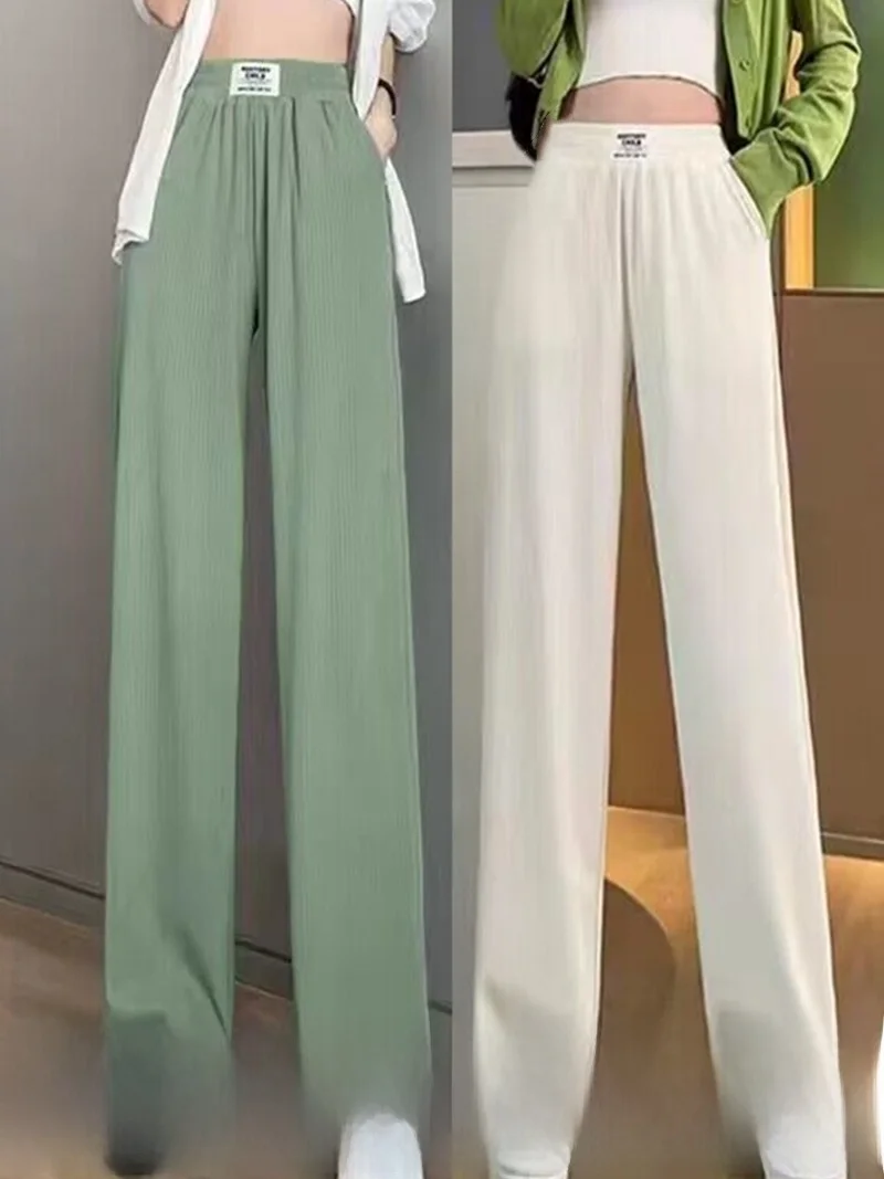 een Silk Wide Leg Pants Women's Summer Thin Straight Cut High Waist Drapey Slim Fit Casual Trousers Faionable plus Size