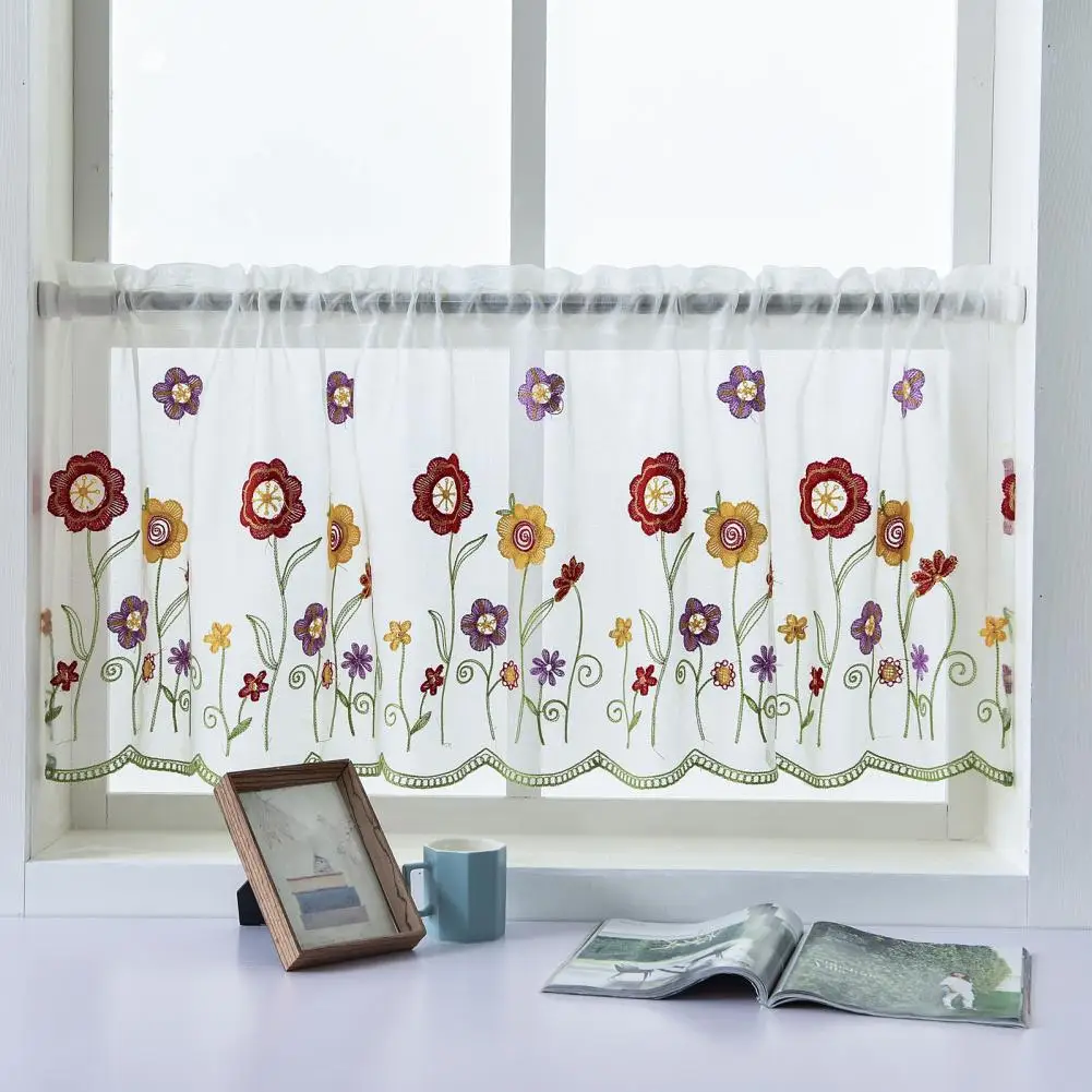 1 Sheet 100*50cm Window Sheer Perforated Polyester Embroidered Window Voile Curtain Rod Pocket Short Curtain Kitchen Door Drape