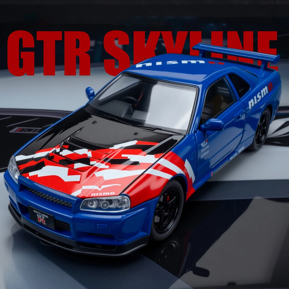 Nuevo 1:24 GTR R34 Skylin coche modificado modelo de aleación coche de juguete fundido a presión sonido y coche ligero juguetes para niños vehículo