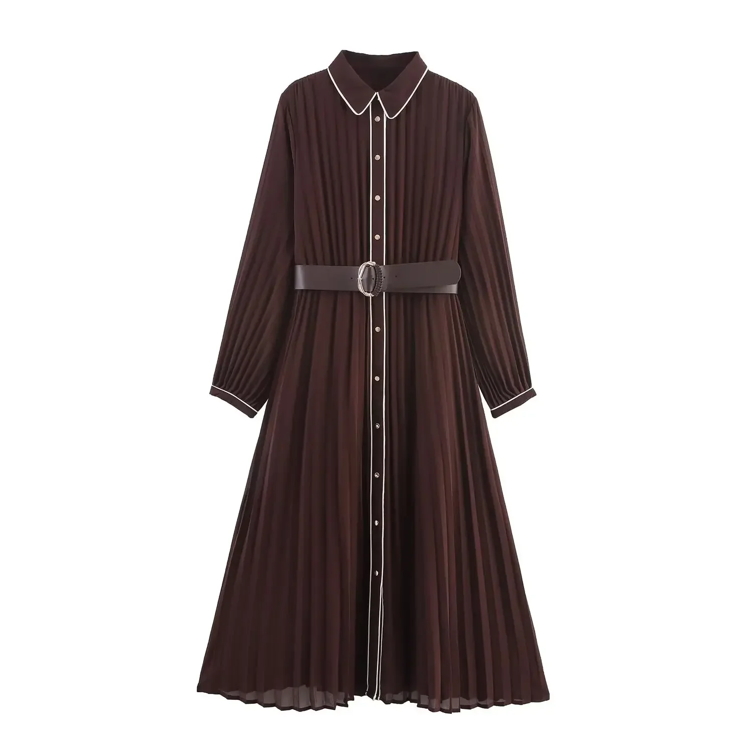 

2025 Autumn Winter Women Brown Chiffon Shirt Dress With Belt Ladies Midi Dresses