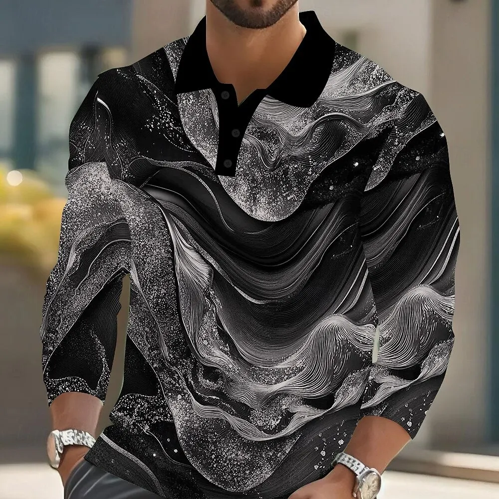 Men's Designer Fluid Wave Polo – Contrast Collar Swirl Print Top for Date Nights, Social Events & Street Fashion