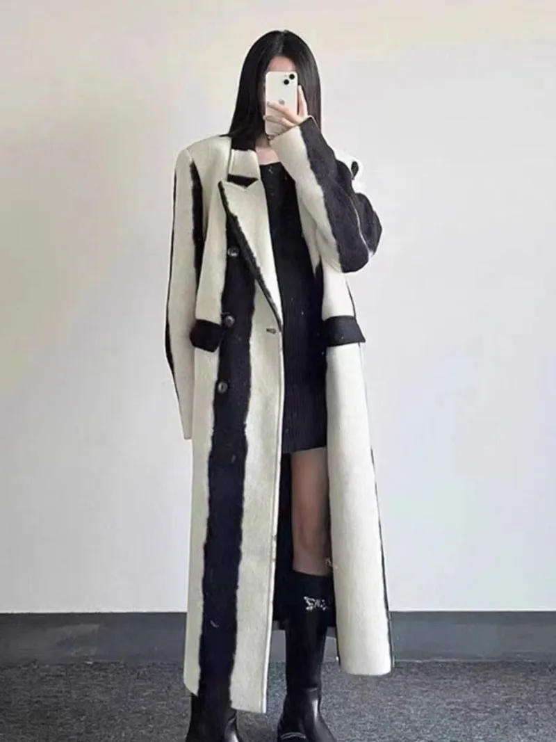 

MiiiiX Office Lady Korean Style Striped Woolen Coat Women's 2024 Winter Splicing Design Coat Mid-length Loose Thickened Jacket