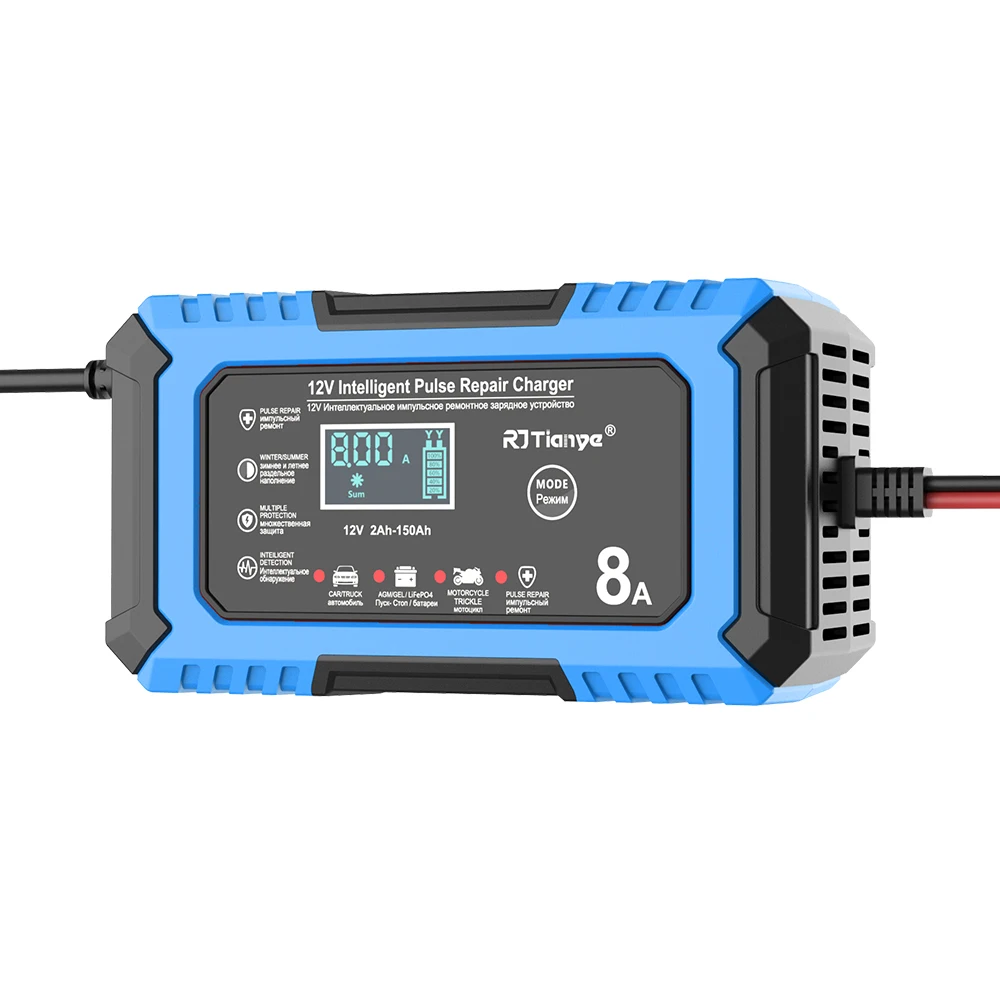 Carregador de bateria de carro com tomada UK 12V 8A Dispositivo de carregamento de bateria de carro e motocicleta Bateria de chumbo-ácido Reparação inteligente Display LCD