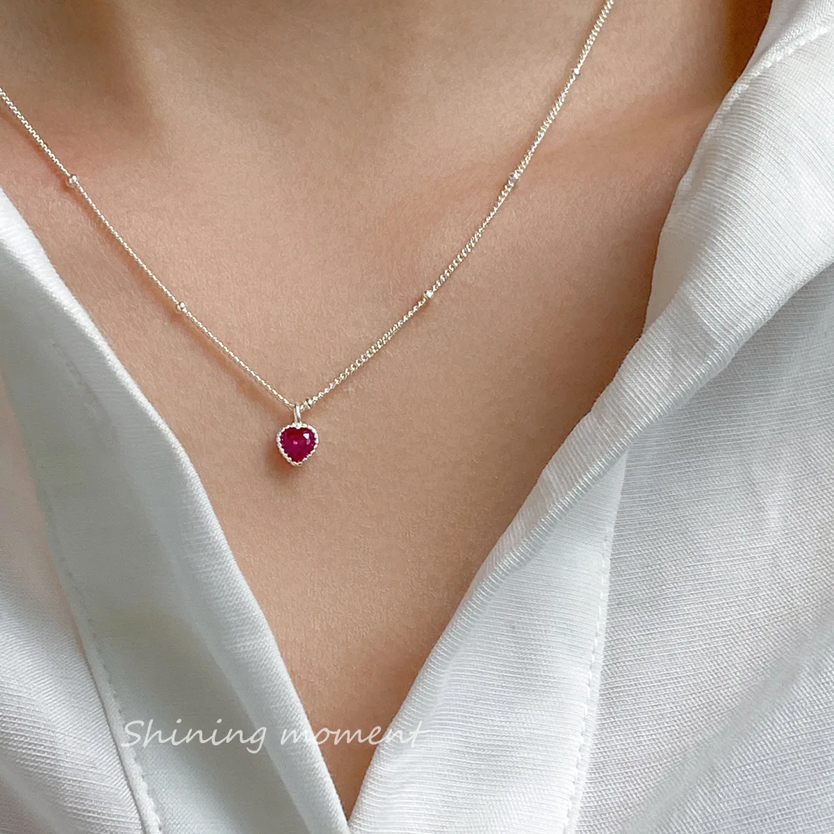S925 فضة القلب قلادة قلادة للنساء أنيقة روز الأحمر الأحجار الكريمة البطانة الرقبة المجوهرات #4
