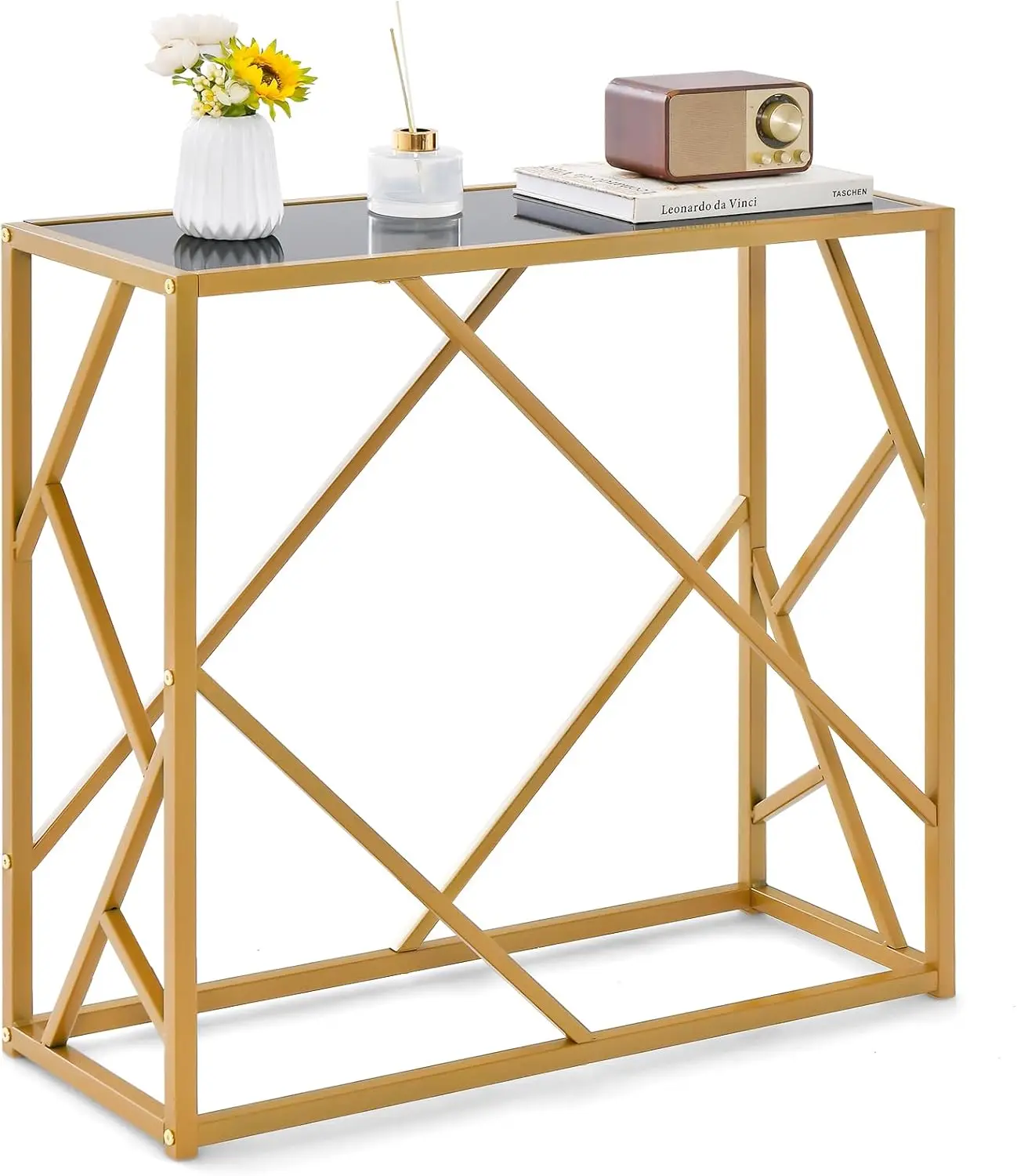 

31.5” Modern Console Table, Narrow Entryway Table with Tempered Glass Top and Gold Finished Frame, Behind Sofa Table