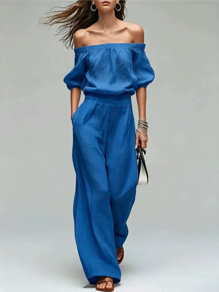 Summer New One-shoulder Waist Top + Wide-leg Pants Set Elegant And Fashionable Solid Color Casual Holiday Party 2-piece Set - view 3
