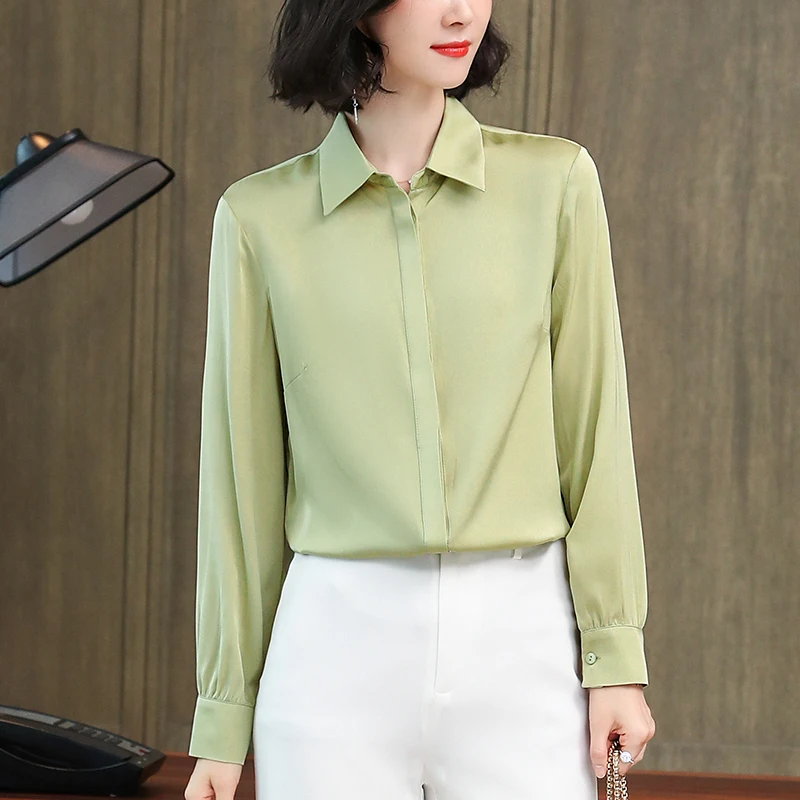 

2024 Women's Buttons Basic Shirts Spring Summer Office Lady Work Shirt Long Sleeve Solid Tops Elegant Blouses Real Silk Blouse