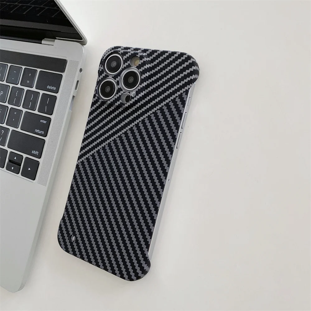Ultra-Thin Carbon Fiber Texture Borderless Case For iPhone 15 Pro Max 13 12 11 Pro Mini XS XR 7 8 SE 14 Plus Frameless Slim Case