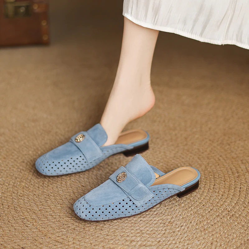 

Genuine Leather Vintage Hollow out Slip-On Women's Summer Soft Mules Sandals Wear Mid Heel Mary Jane Shoes Low heel Pumps