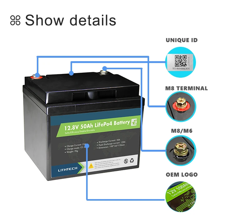 Lithtech Rechargeable sealed LiFePO4 12V 12.8V 50AH Lithium Battery with built in BMS for Control system Emergency lamp