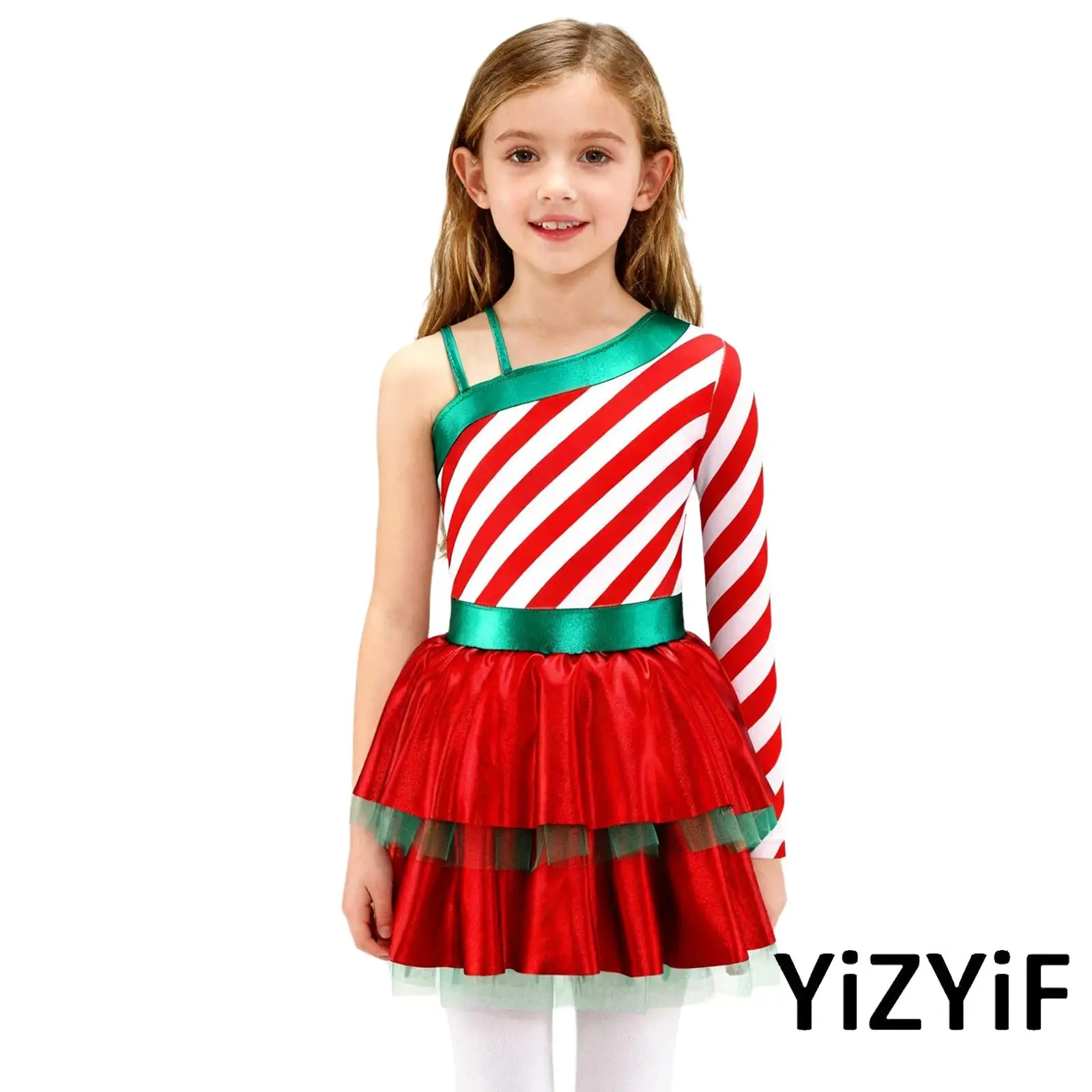 

Kids Girls Christmas Candy Cane Costume Right Straps Left Long Sleeve Patchwork Layered Ruffled Tutu Dress Xmas Princess Dress