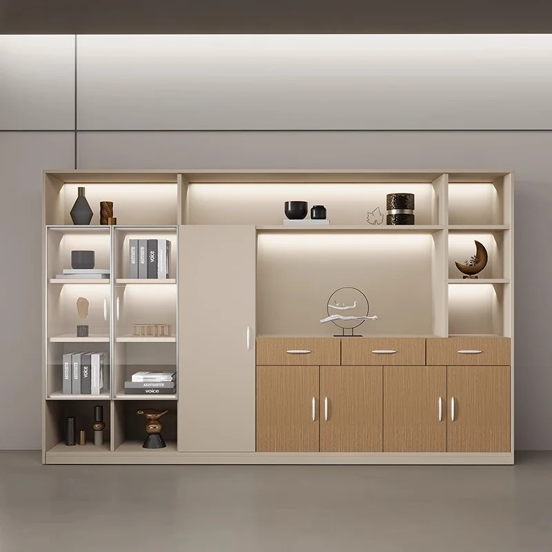 

Modern Minimalist Wooden Bookcase File Cabinet With Boss's Office Or Living Room Background Desk