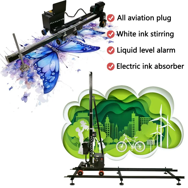 2026 2024 New Wall Floor Printer With Wheels Rails Double Heads 2-in-1 Wall Floor Printing Machine CMYKW UV Ink