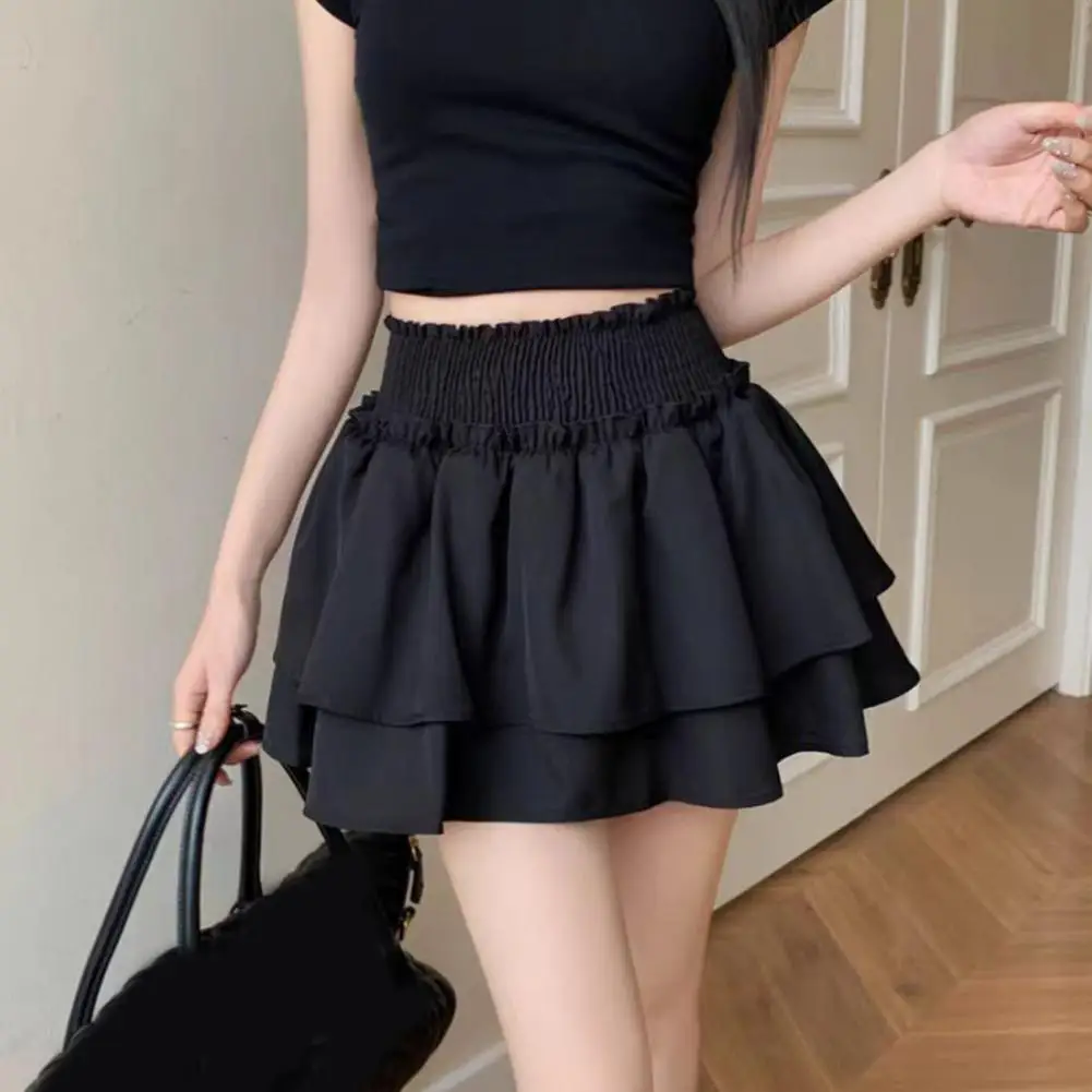 

Solid Color Culottes Elegant Pleated Mini Culottes with High Waist Ruffle Layer Hem A-line Cake Skirt for Women for Stylish