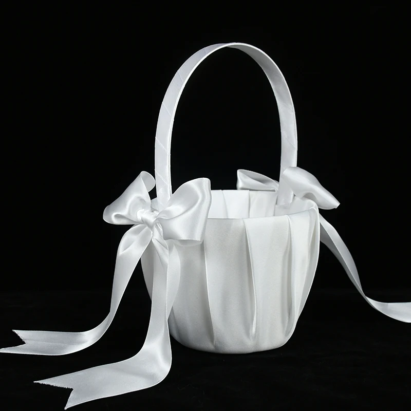 White Wedding Flower Girl Basket With Bow Ribbons Wedding Ceremony Ring Pillow Satin Holder Basket For Engagement Party Supplies