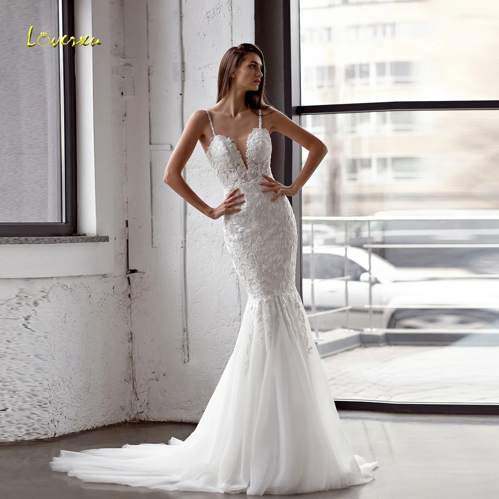 Loverxu Mermaid Sexy Wedding Dresses Sweetheart Spaghetti Straps Vestido De Novia Lace Appliques Beading Custom Made Bridal Gown