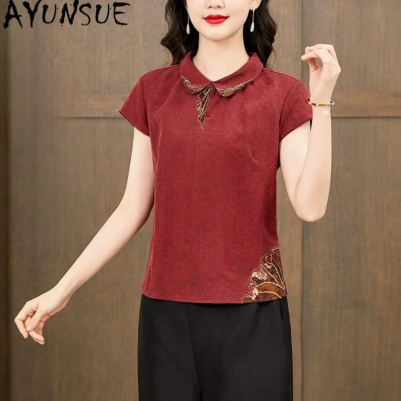 AYUNSUE 100% Mulberry Silk Women T Shirts Xiangyunsha Tops for Women Embroidered Polo Collar Summer Clothing 2026 New Ropa Mujer