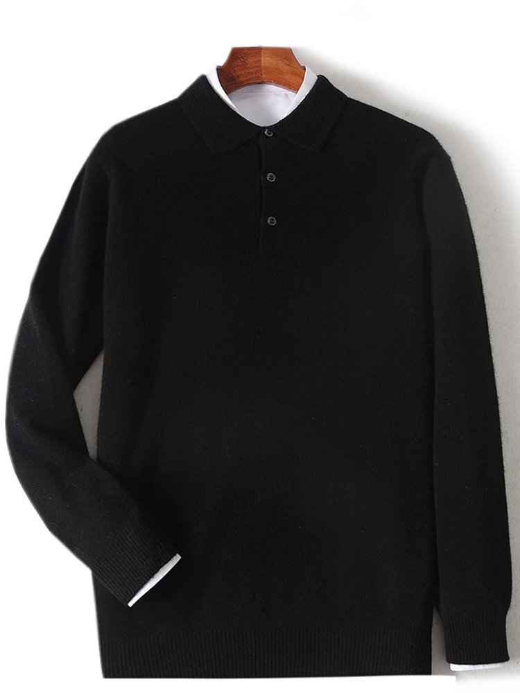 Merino 100% Wool Men's Shirt Collar Casual Fashion Base Pullover Autumn Winter Warm Long Sleeved Knitted Sweater