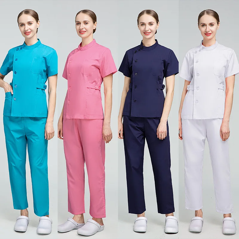 

Button Closure and waist retraction Scrub Set Medical Uniforms Nurse Clothes Women Round Neck Surgical Workwear Pair Dental Suit