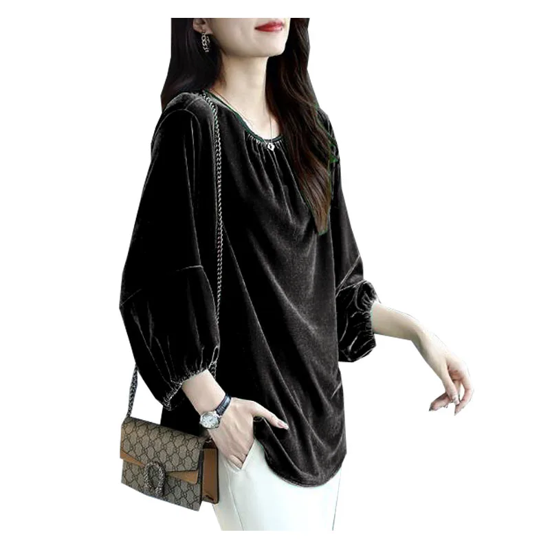 Fengbaoyu Silk Velvet Spring Autumn Girls Seven-cent Lantern Sleeve Blouse Hundred Style Loose Bottom Shirt Large Size 4XL 5XL