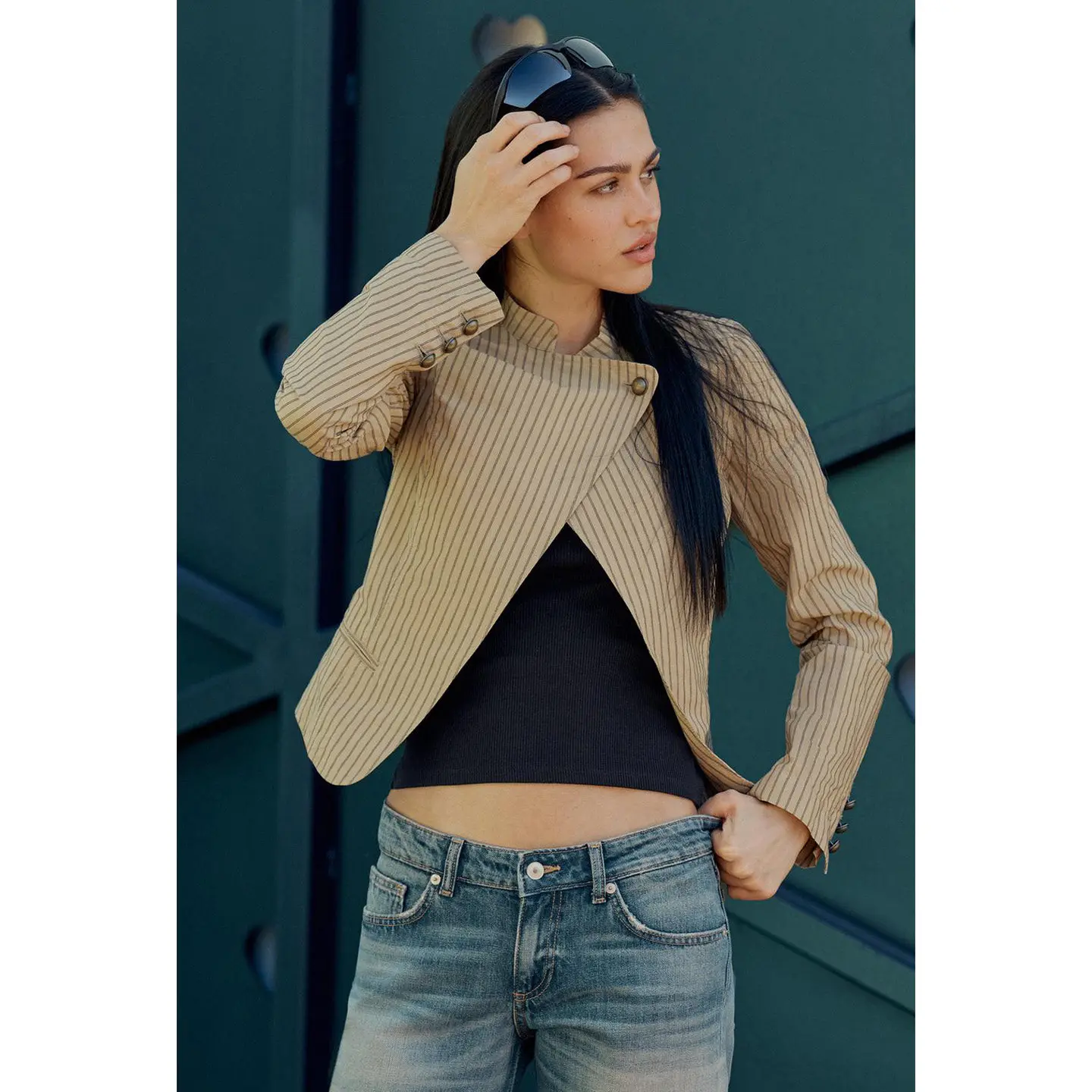 Spring New Women's Long Sleeve round Neck Striped Double Breasted Buttoned Suit Jacket Pocket Decorated Polyester Fiber Short