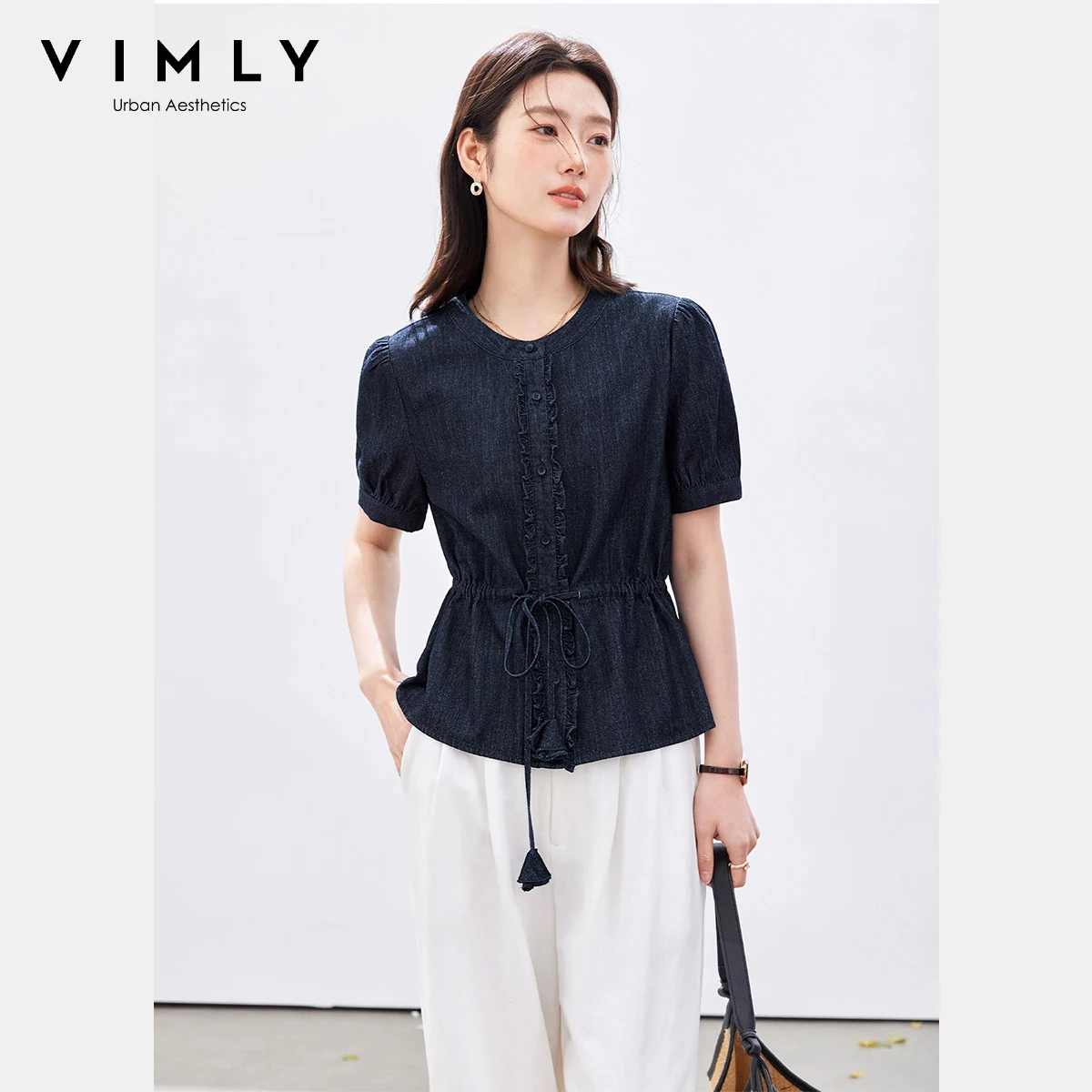

VIMLY Women's Casual Denim Shirt 2026 Summer New Artistic 100% Cotton Ruffle Tie Drawstring Waist Puff Short Sleeve Blouse A5099