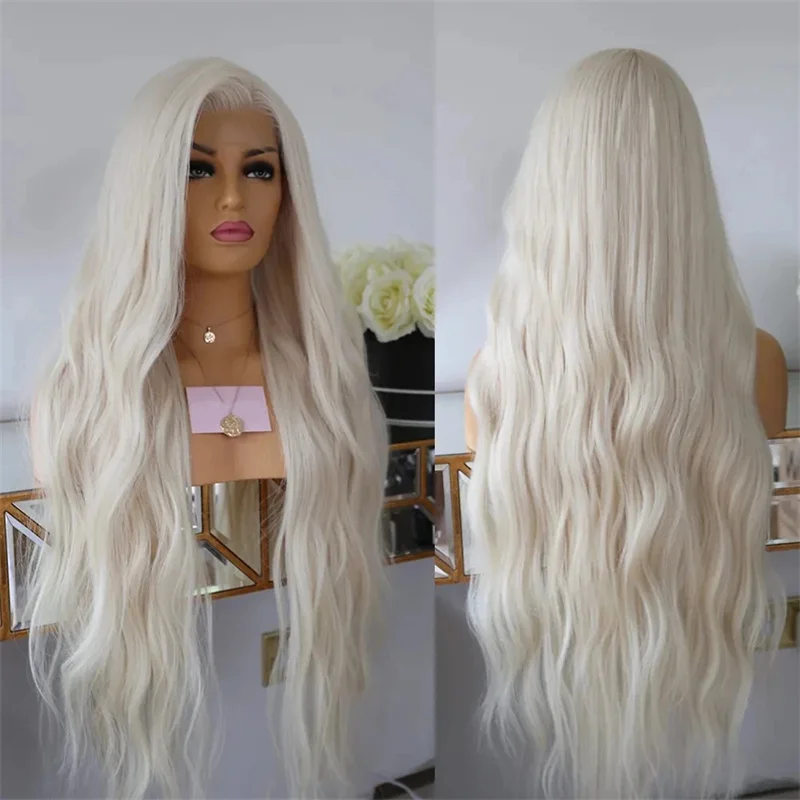 

Wave White Hair Color Synthetic HD Lace Front Wig Long Hair Wigs Platinum Blonde Heat Resistant Fiber Hair Lace Front Wigs