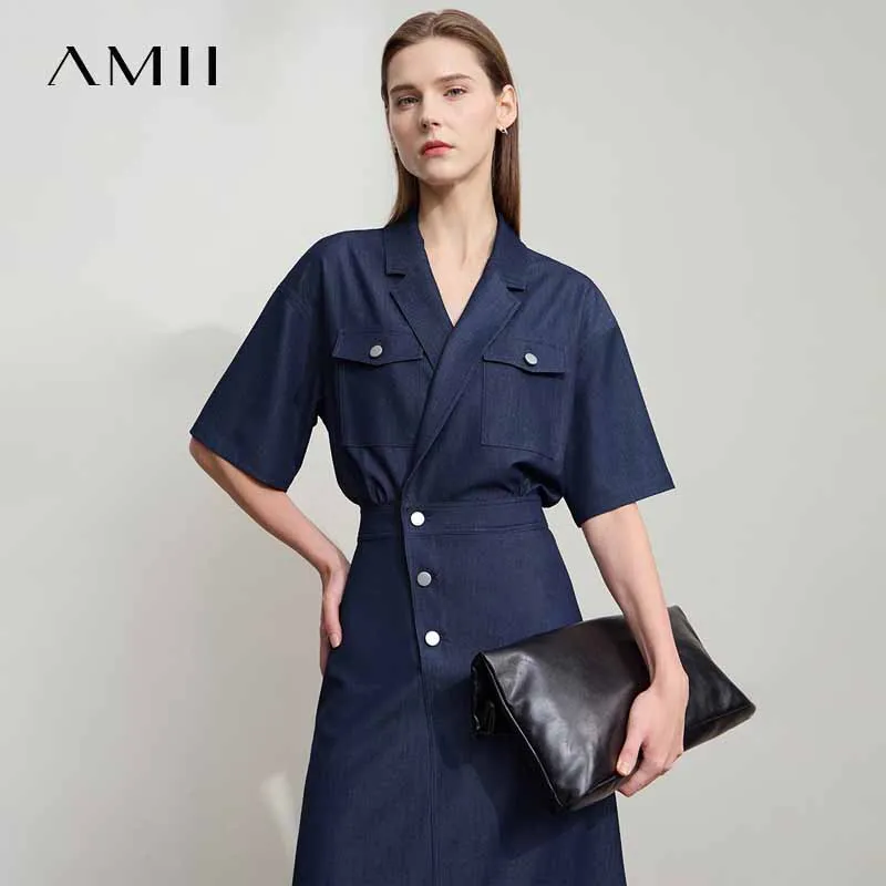 Amii Rechte Jurk Denim Dames 2025, Zomer Eenvoudige Korte Mouw Kantoor Dame Jean Flip Hals Gedrapeerde Cool Shirt Jurk 12542067