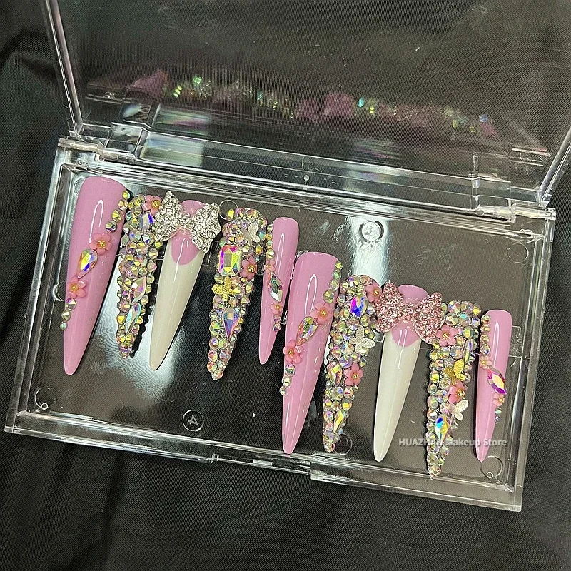 

XXXL Long Stiletto Pink Press On Nails Y2K Customized Handmade Bling Bling Rhinestone False Nail Tips Reusable Acrylic Fake Nail