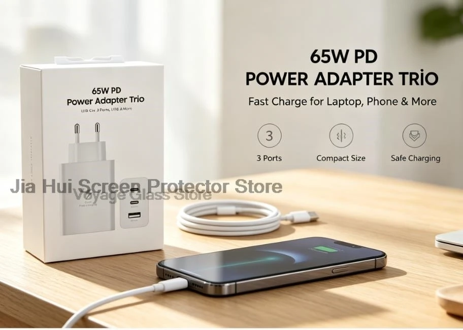 65w-gan-pdトリオ充電器-3ポート-2usb-c-usb-a-急速充電パワーアダプター-euプラグ-スマートフォン・ノートパソコン・タブレット用ポータブル充電器