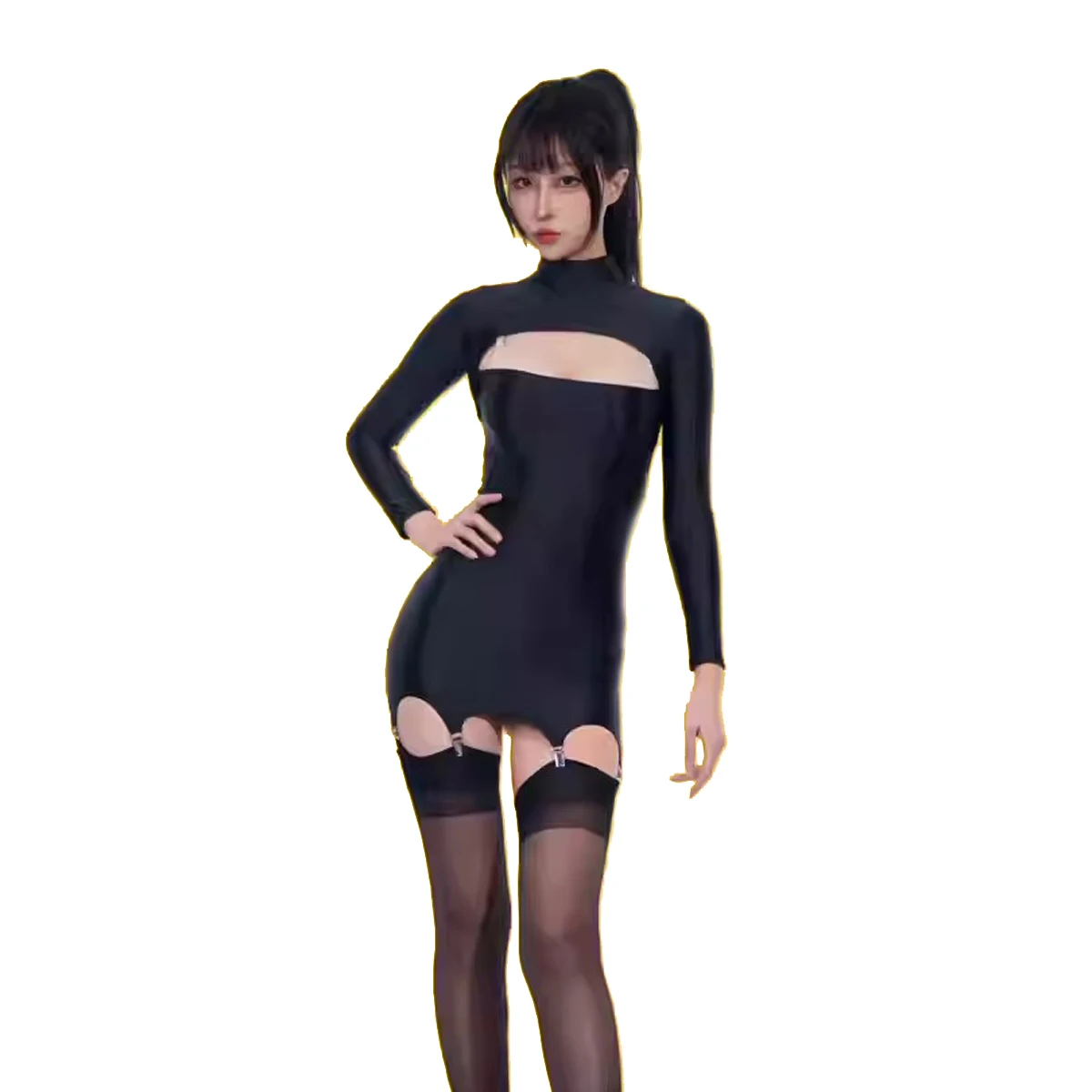 Women Oil Glossy Sexy High Elastic Metal Button Hollow Out Irregularity Short Skirt Long Sleeve High Neck Tight Dress Party Club