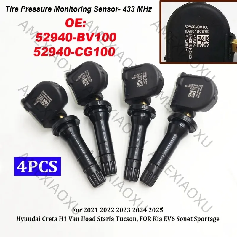 

4PCS High Quality TPMS Tire Pressure Monitoring Sensor 433MHz 52940-BV100 52940-CG100 52940-Q3100 For Kia EV6 Sonet Sportage AME