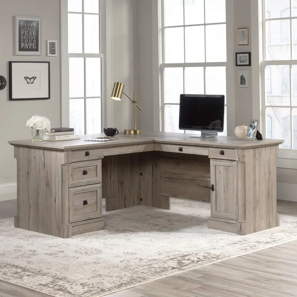 

Palladia L Shaped Desk With Drawers, Office Desk With File Cabinet Storage, Cable Management, Keyboard Tray, In Split Oak Finish