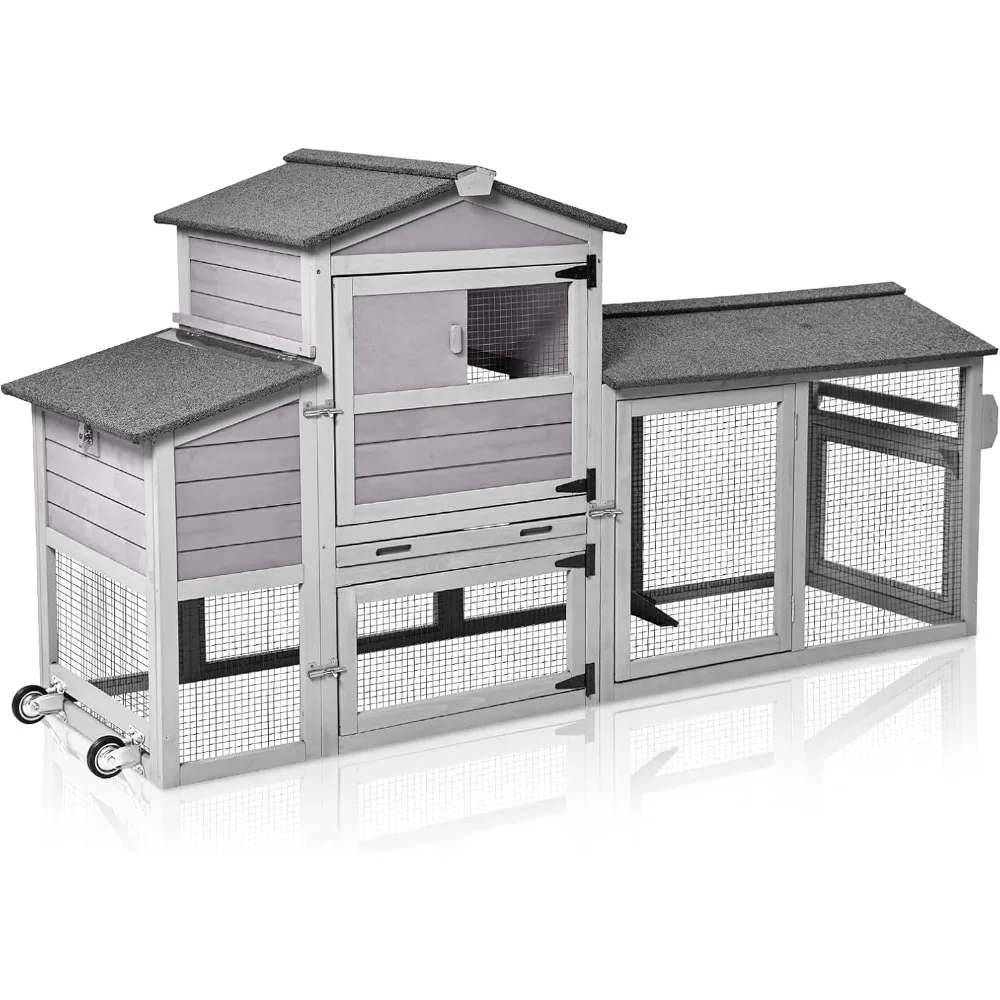 

Portable Chicken Coop - Mobile Poultry Cage with Wheels, Tractor Chicken House with Run, Wooden Indoor Outdoor Chicken Coops for