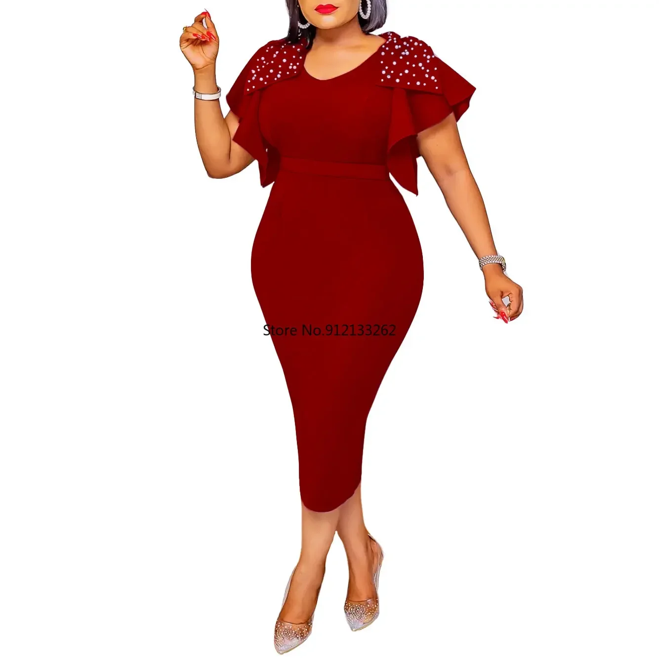 Plus Size estate nuovo girocollo tinta unita manica foglia di loto Split Fashion Slim Fit abito di media lunghezza Plus Size Dress