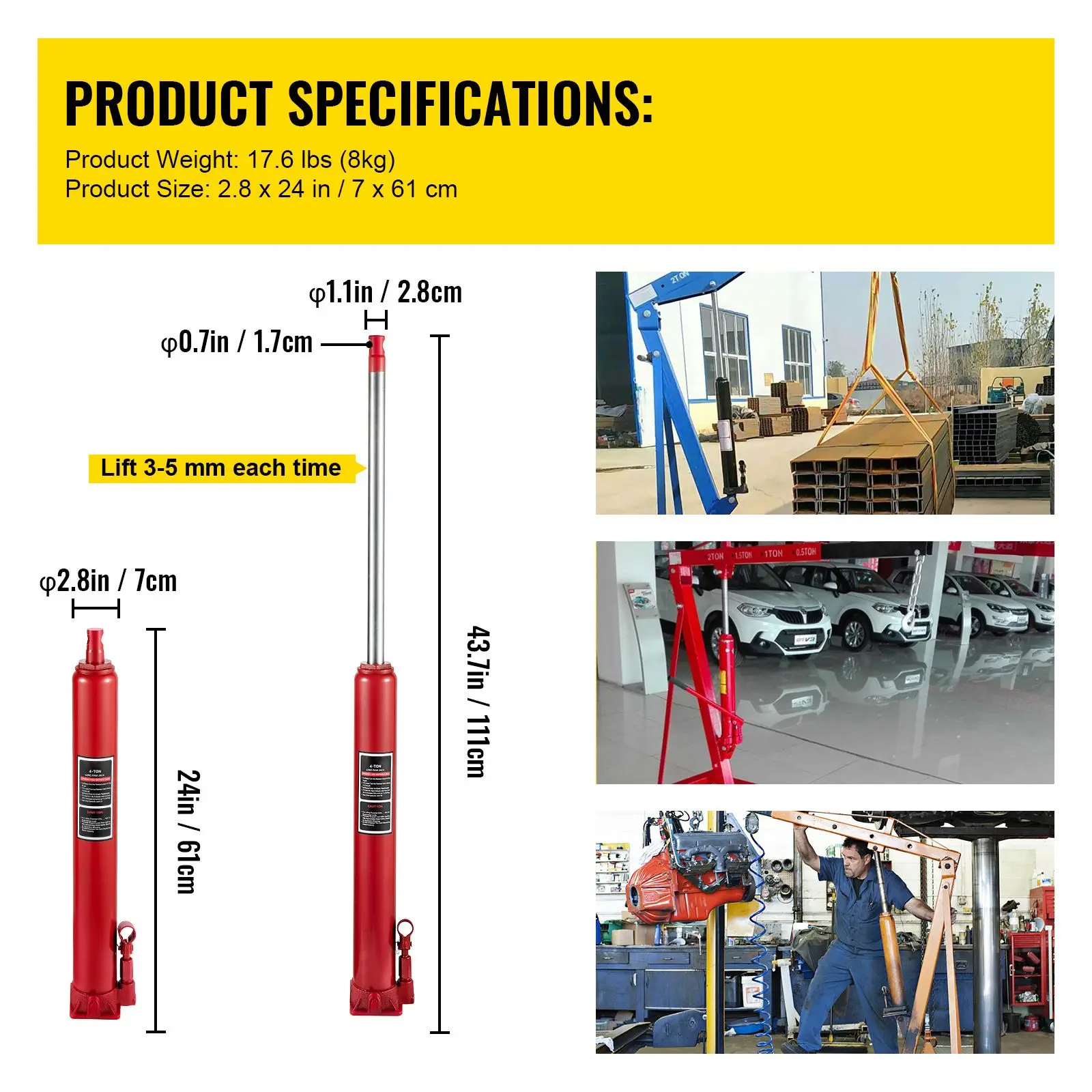 Hydraulic Long Ram Jack, 4 Tons/8818 lbs Capacity, with Single Piston Pump and Flat Base, Manual Cherry Picker Handle, for