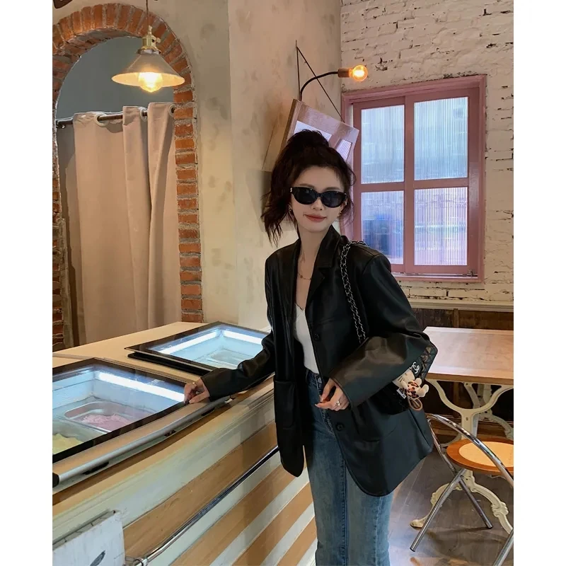 Black Suit Leather Jacket Women's 2025 Early Autumn High-end Feeling Street Small Retro Hong Kong Style Loose Jacket