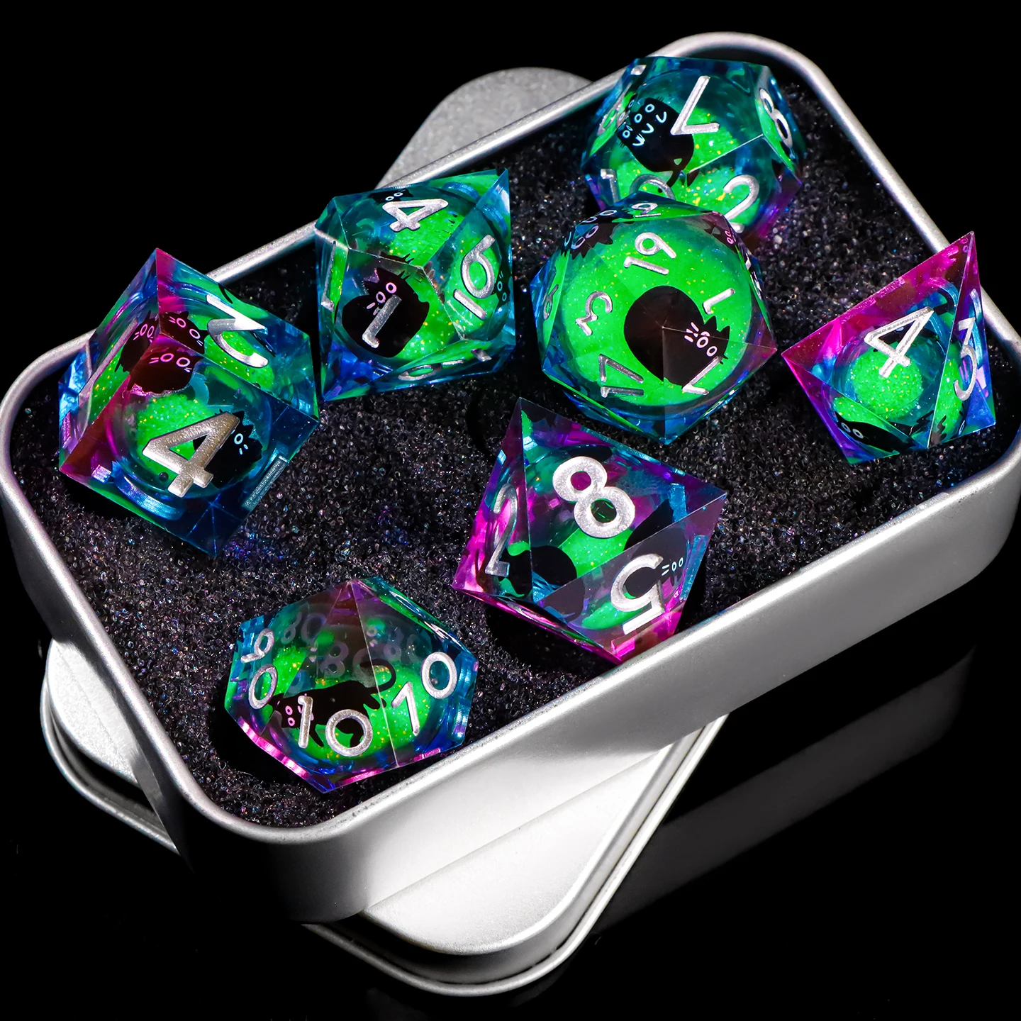 

Cat sharp edge dice Full Set liquid core dice for Dungeons and Dragon d and d Dice polyhedral dice set cute cat unique gift