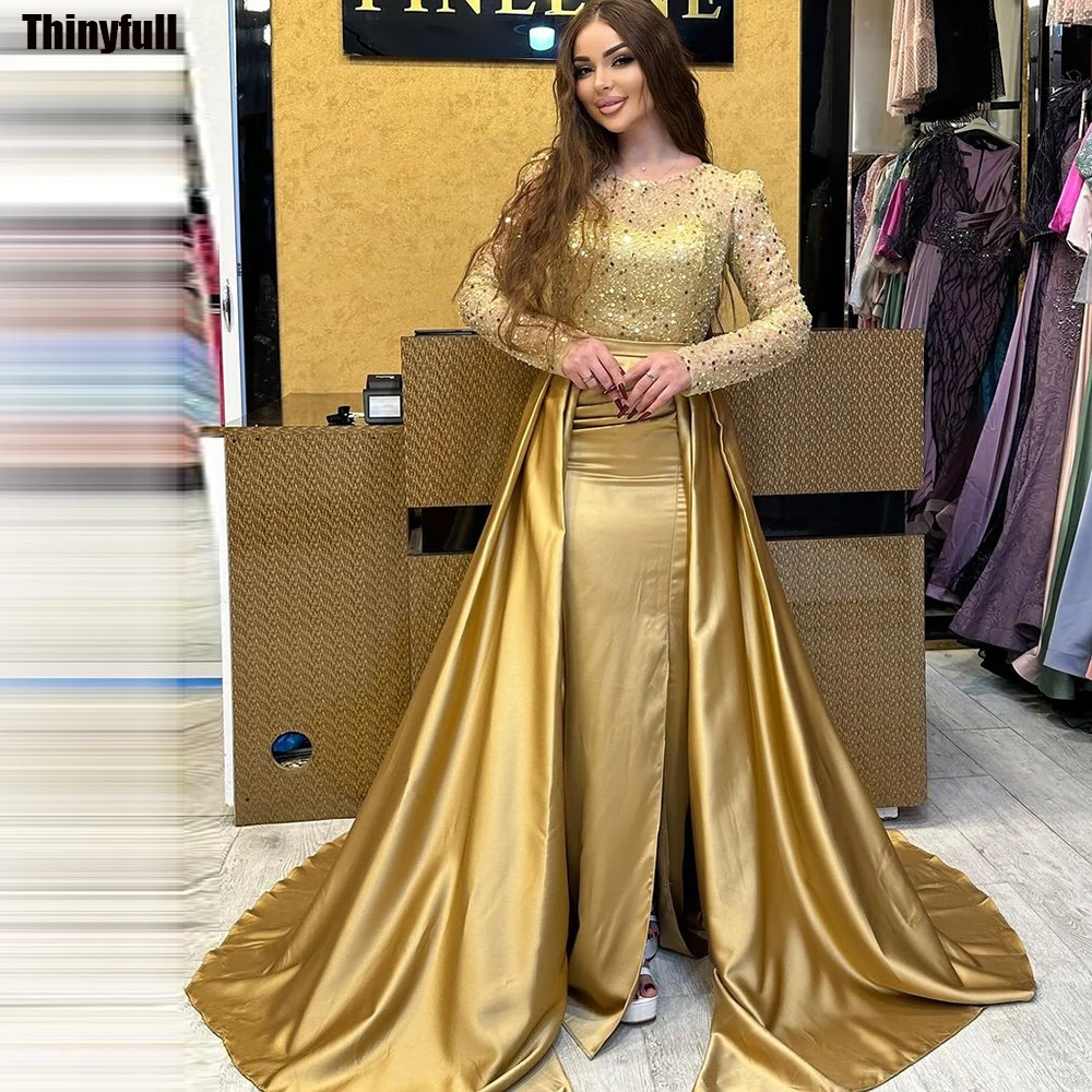 

Thinyfull Mermaid Elegant Prom Dress O-neck Long Sleeves Sequin Beading Evening Dresses Long Split Formal Occasion Gown 2024