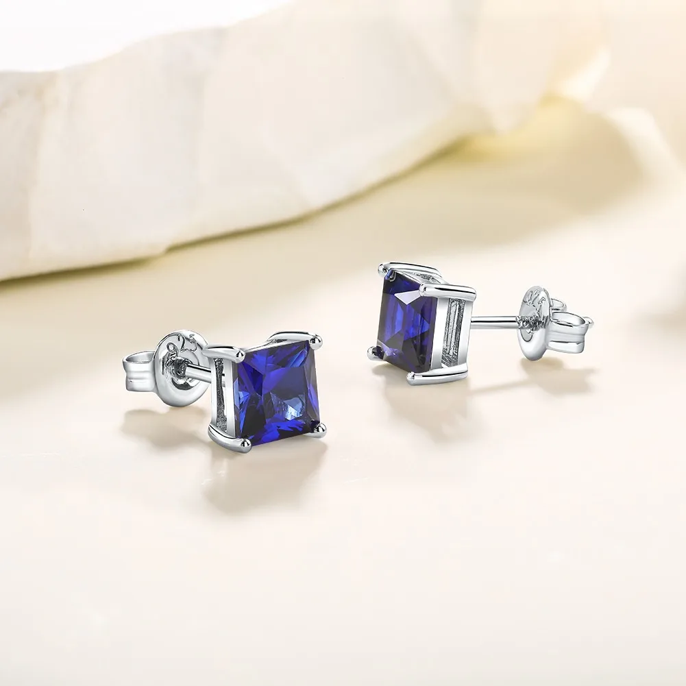 GZ ZONGFA 925 Sterling Silver Dainty Square Stud Earrings For Women Girls 6mm Ruby/Sapphire/Emerald Princess Cut Gemstone Jewels