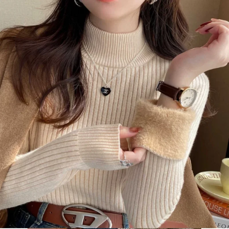 Casual Women Turtleneck Sweater Winter Retro Fleece Thickened Inner Wear Thermal Knitting Bottoming Shirt Pullovers Warm Basics