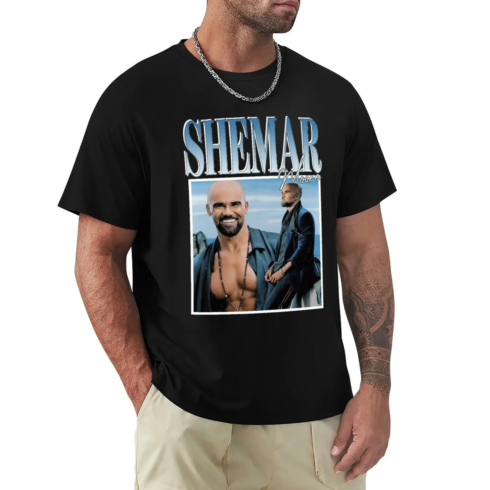 Shemar moore T-Shirt heavyweights cute clothes black for men Summer fashion New Arrival Cotton Short Sleeve heavyweight Round