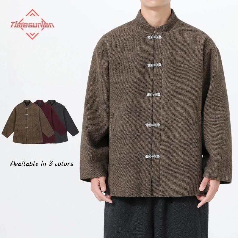 

2025 Autumn Winter Men's Jacket Stand Collar Chinese Style Thick Woolen Coat Button Front Casual Outerwear Male Fashion