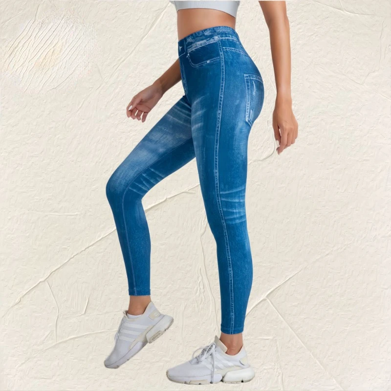 

Seamless Print Leggings Women Fake Cowboy Tights High Elastic Quick Drying Sportwear Workout Running Fashion Hip Lift Gym Pants